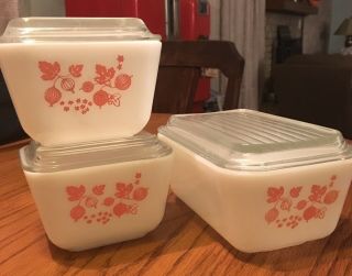Vintage Pyrex Pink Gooseberry Refrigerator Dishes With Lids