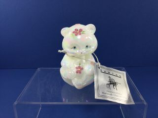 Vintage,  Fenton White Opalescent Hand Painted And Signed Floral Bear Figurine