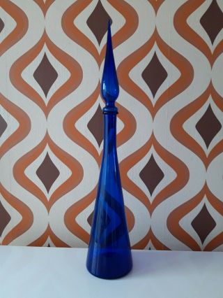 Large Vintage Italian Empoli Glass Genie Bottle Blue 25 Inches Retro Decanter