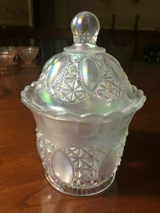 Imperial Beaded Jewel Glass White Opalescent Carnival Glass 7 " Covered Candy Jar