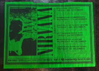 Nirvana Cobain O.  G.  Huge Concert Poster/ticket 1991 Birmingham Hummingbird Rare