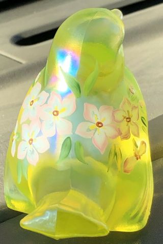 Fenton Art Glass Hand Painted Blue Bird Yellow Iridescent Opal Signed Phlox