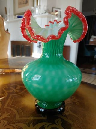 Vintage Murano Hand Blown Art Glass Vase Ruffled Edge Turquoise And Coral