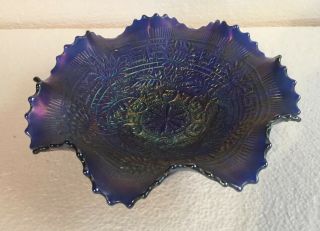 Vintage Northwood Embroidered Mums Blue Carnival Glass Ruffled Bowl