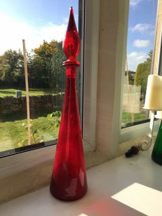 Ruby Red Vintage Italian Empoli Glass Genie Bottle Decanter Hand Blown Mcm 1960s