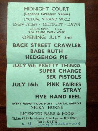 Ultra Rare Vintage 1976 Sex Pistols Handbill Lyceum,  London July 9,  