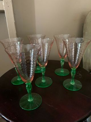 Set Of 6 Vintage Uranium Depression Watermelon Water Goblets - Pink To Green.