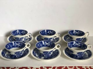 Spode Tower Blue Cups And Saucers Set Of 6