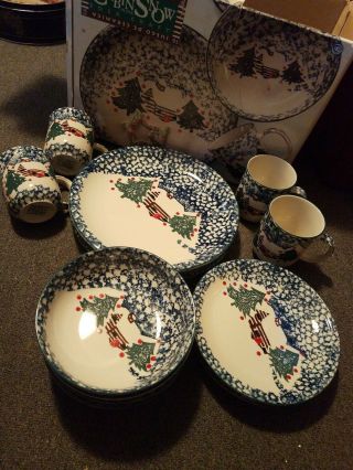Tienshan Folk Craft Cabin In The Snow Stoneware 16 Pc Service For 4