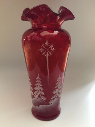 Rare Fenton 11” Tall Hand Painted Signed D.  Caplinger Ruffled Vase Ruby Red Ec