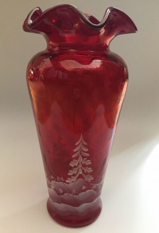 RARE Fenton 11” Tall Hand Painted Signed D.  Caplinger Ruffled Vase Ruby Red EC 3