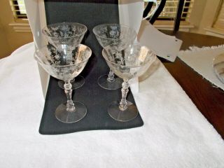 4 Fostoria Etched Crystal Chintz Pattern 5 1/2 " Tall Sherbet / Champagne Glasses