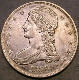 1838 Capped Bust Reeded Edge Silver Half Dollar Gorgeous Hair Drapery & Feathers