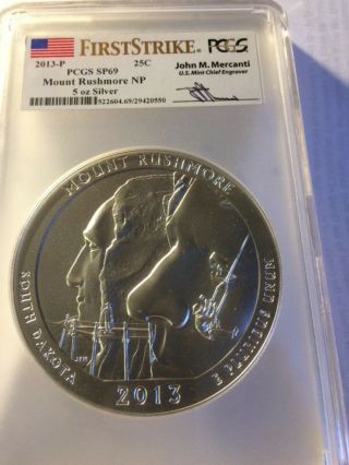 2013 - P Mount Rushmore Np Atb 5oz Silver Pcgs Sp69 First Strike Mercanti Signed