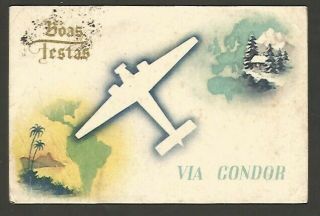 Brazil To Italy Airmail By Condor 1937 Poster Postcard W 2 Stamps