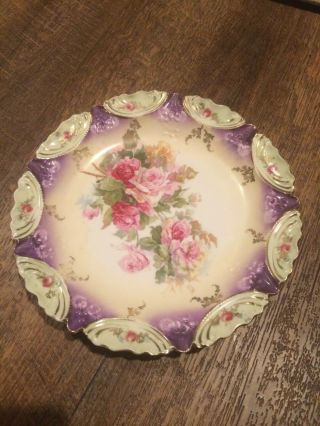 Antique Rs Prussia Porcelain Plate Roses Opal Jeweled Gold Red Mark