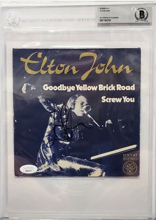 Elton John Signed Goodbye Yellow Brick Road 45 Vinyl Sleeve Beckett Bas Slabbed