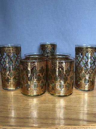 Vintage Mid Century Culver Valencia 22k Gold/green Tumbler & Low Ball Glasses - 7