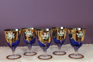 Set Of 5 Bohemian Czech Cobalt Blue Wine Glasses With Enameled Flowers Gold