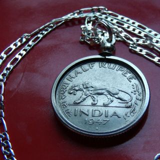 1947 India Tiger 1/2 Rupee Coin Pendant On A 30 " 925 Sterling Silver Chain 25mm
