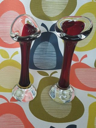 Two Vintage Swedish Aseda Glasbruk Jack In The Pulpit Bud Posy Red Glass Vases