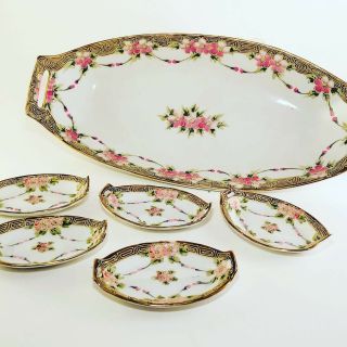 Vintage Hand Painted Nippon White Gold And Floral Sushi Tray And Sushi Dishes