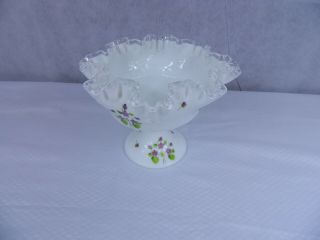 Fenton White Silver Crest Glass Pedestal Bowl Hand Painted Violets Signed