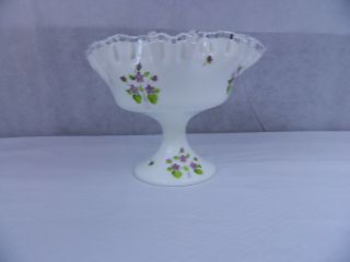 Fenton White Silver Crest Glass Pedestal Bowl Hand Painted Violets Signed 2