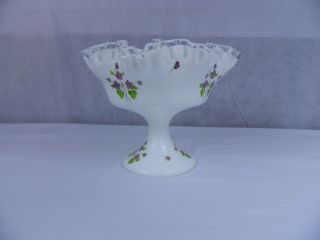 Fenton White Silver Crest Glass Pedestal Bowl Hand Painted Violets Signed 3