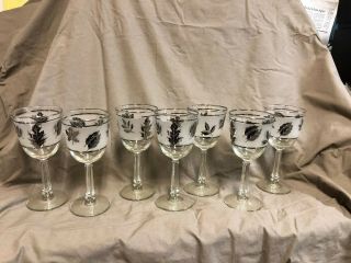 Vintage Libby Set Of 7 Silver Leaf Wheat Frosted Goblets Glasses Wine Water