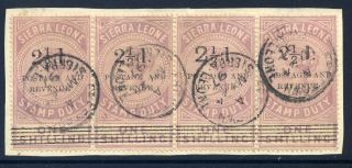 Sierra Leone 1897 Fiscal 2½d On 1/ - Lilac Rare Strip Of Four Very Fine Cds