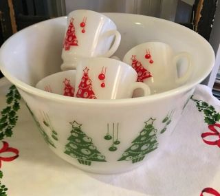 Vintage Hazel Atlas Milk Glass Christmas Tree Punch Bowl Egg Nog Set 6 Cups