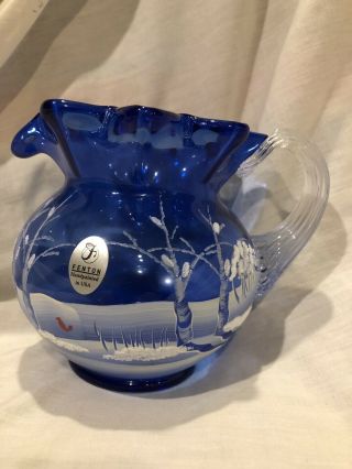 Fenton Hand Painted Canaan Valley On Cobalt 4.  5” Pitcher Christmas Winter Scene