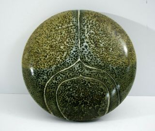 Unique Art Studio Pottery Covered Bowl Scarab Design Green Speckled Glaze Signed