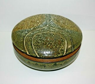 Unique Art Studio Pottery Covered Bowl Scarab Design Green Speckled Glaze Signed 2