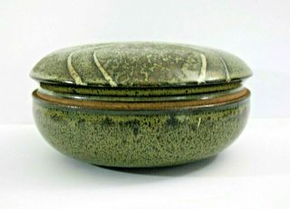 Unique Art Studio Pottery Covered Bowl Scarab Design Green Speckled Glaze Signed 3