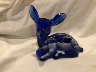 Fenton Hand Painted Canaan Valley On Cobalt Christmas Fawn Winter Scene 2009