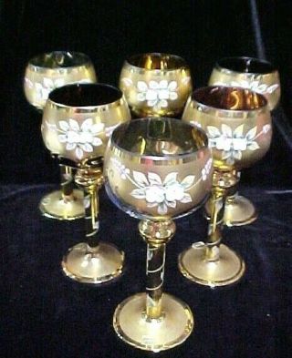 (6) Antique Moser Bohemian Amethyst Blue Czech Glass Gold Enamel Wine Goblet Hock