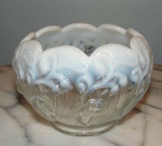 Fenton White Opalescent Lily Of The Valley Glass Rose Bowl Vase,  Candy / Candle