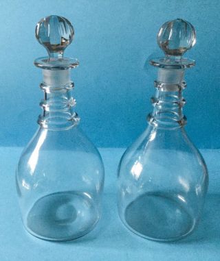 Pair Early 19th Century Triple Ring Neck Glass Whiskey/spirit Decanters,  1830’s