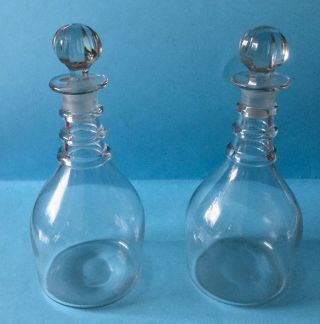 Pair Early 19th Century Triple Ring Neck Glass Whiskey/spirit Decanters,  1830’s 2