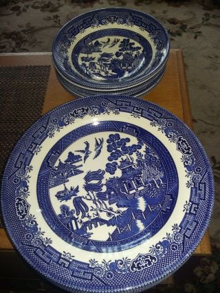 Churchill England Blue Willow Set Of 6 Dinner Plates And 6 Soup Bowls
