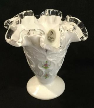 Silver Crest Ruffled Top Vintage Fenton Vase With Violets Hand Painted Signed