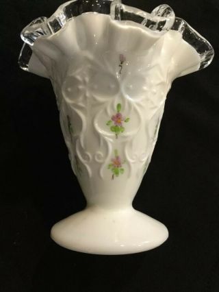 Silver Crest Ruffled Top Vintage Fenton Vase With Violets Hand Painted Signed 3