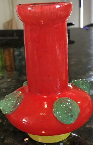 Art Glass Vase Red Yellow Base Green Dollops 1 Of A Kind Funky 5 3/8” H