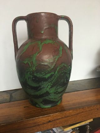 Weller Coppertone Double Handled Large Vase Green Swirls Arts & Crafts Design