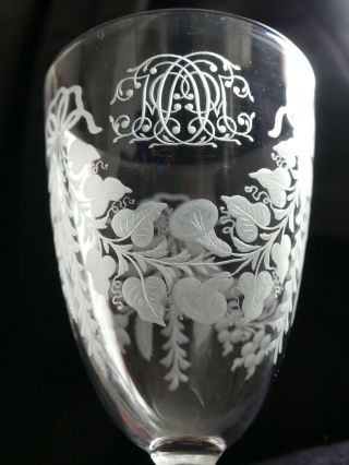 Set Of 4 Antique Victorian Engraved Monogrammed Crystal Wine Glasses
