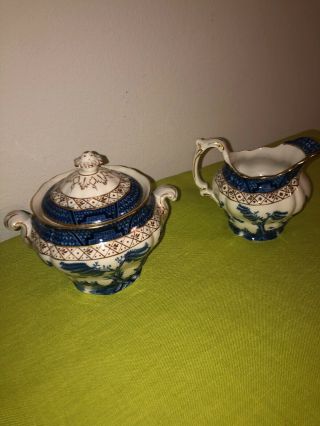 Booths " Real Old Willow " Blue,  White & Gold Sugar & Creamer Set - A8025
