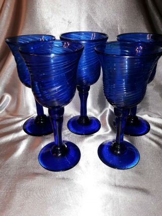 5 Mexico Mexican Hand Blown Cobalt Blue Glass - Wine / Water Goblet 9 " Swirl