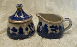 Rare Antique Blue Willow Sugar Bowl With Lid And Creamer